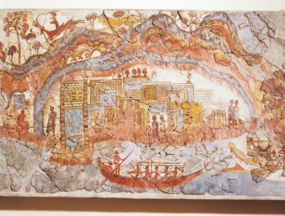 Civilización griega, fresco que representa una procesión de barcos, de Akrotiri, isla de Thera, Santorini, Grecia. de Greek School