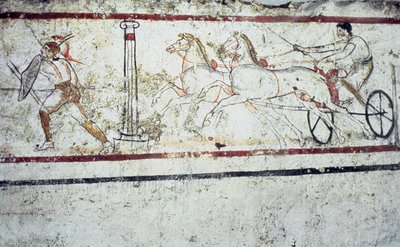 Pintura de tumba lucana que representa a un gladiador y un hombre en un carro, Paestum 350-330 a.C. de Greek School