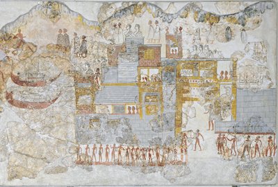 Fresco en miniatura que representa una flota naval saliendo del muelle, procedente de la casa oeste de Thera o Santorini, Grecia. de Greek School