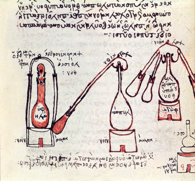 Ms 2327 f.81v Dos alambiques y sus receptores, copia de un tratado de alquimia de finales del siglo III o principios del siglo IV por Zosimos de Panoplis de Greek School