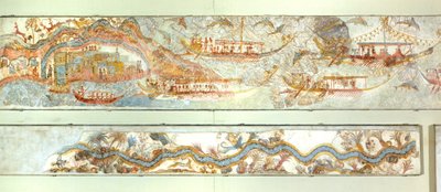 Expediciones navales y paisaje fluvial, fresco de Akrotiri, Thera (hoy Santorini), Grecia, Civilización minoica de Greek School