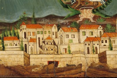 Pelmet que representa el Renacimiento de Grecia, detalle de Constantinopla, de Syros, Cícladas de Greek School