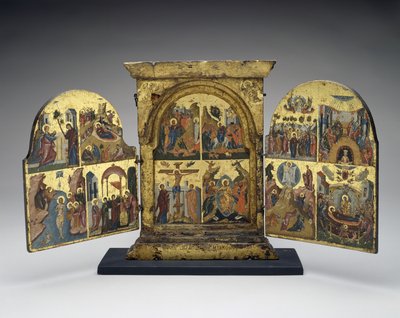 Resurrección de Lázaro; Entrada en Jerusalén; Crucifixión; Descenso de Cristo al Infierno (panel central), segunda mitad del siglo XVI de Greek School