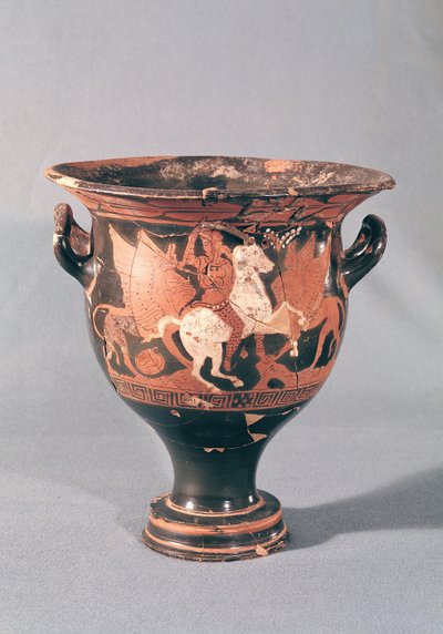 Crátera de figuras rojas que representa amazonas y grifos de Greek School