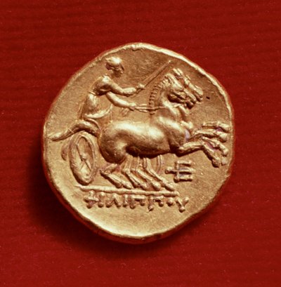 Reverso de un estátero de Felipe II (382-336 a.C.) de Macedonia representando a un auriga, 356-336 a.C. (oro) de Greek School