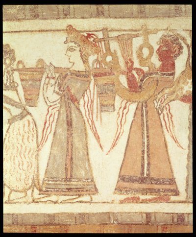 Escena ritual de adoración, posiblemente sobre la veneración de los muertos, (detalle) de la decoración en un sarcófago de una tumba en Ayia Triada, Creta, Periodo Minoico Tardío, c.1390 a.C. de Greek School