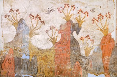 Sala de los lirios o de la primavera, fresco de Akrotiri, Thera (hoy Santorini), Grecia, Civilización minoica de Greek School