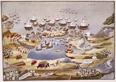 Asedio y Batalla Naval, placa 13 de Historia Pictórica de la Guerra de Independencia Griega por el General Makryjannis de Greek School