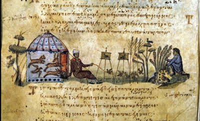 La caza de aves al reclamo. Manuscrito griego de Oppianus De Venatione de Greek School