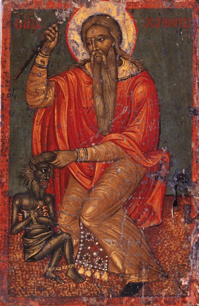 San Caralampo con el diablo de Greek icon