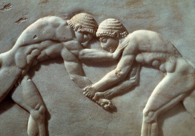 Competición entre atletas, relieve de la necrópolis de Kerameikos en Atenas, Grecia, Detalle, civilización griega, siglo VI a.C. de Greek School