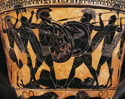 Civilización griega, Cerámica de figuras negras, Krater que representa la lucha por el cuerpo de Patroclo, De Farsala, Grecia de Greek School