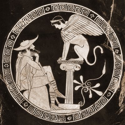 Edipo respondiendo a las preguntas de la esfinge en Tebas, siglo V a.C. (cerámica) de Greek School