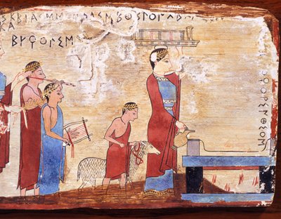 Escena de sacrificio, tablilla pintada de Pitsa, Grecia, civilización griega, siglo VI a.C. de Greek School