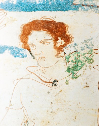 Cerámica de fondo blanco, lekythos ático que representa una escena funeraria con un guerrero ante la tumba, detalle de Greek School
