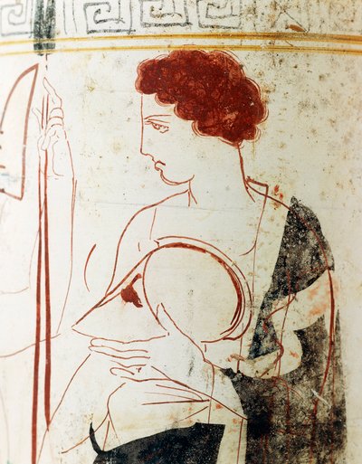 Cerámica de fondo blanco, lekythos ático que representa una escena funeraria con un guerrero ante la tumba, detalle de Greek School