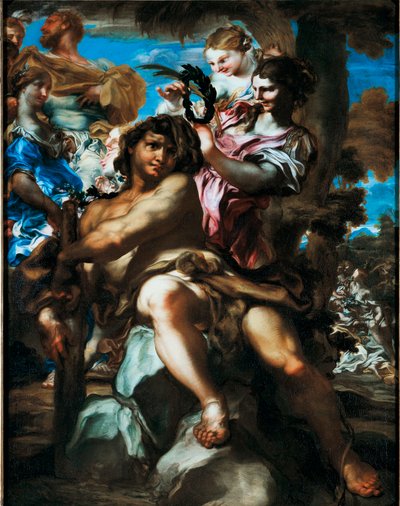 Hércules recibido en el Olimpo. Representación de la apoteosis de Hércules (Heracles) recibido entre los dioses en el Olimpo, con una corona de laureles de Gregorio De Ferrari