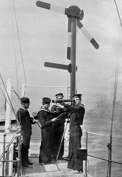 Señalización por semáforo a bordo del HMS Camperdown, 1895 de Gregory and Co
