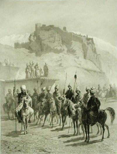 Castillo de Atskhour, Akhaltsik, lámina 10 de un libro sobre el Cáucaso, grabado por Adolphe Mouilleron publicado por Alfred Leon Lemercier, París de Grigori Grigorevich (after) Gagarin