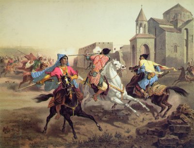 Escaramuza de Persas y Kurdos en Armenia, impreso por Alfred Leon Lemercier, París, c.1850-60 de Grigori Grigorevich (after) Gagarin