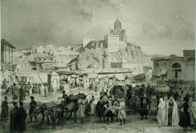 El bazar en la plaza Maidan, Tiflis, Georgia, lámina 25 de un libro sobre el Cáucaso, grabado por Adolphe Jean-Baptiste Bayot (1810-66) y Eugene Ciceri (1813-90), publicado por Alfred Leon Lemercier, París de Grigori Grigorevich (after) Gagarin