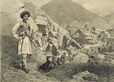 Llegada a Tsatanykh, Daguestán, lámina 12 de un libro sobre el Cáucaso, grabado por Jules Didier, publicado por Alfred Leon Lemercier, París, 1847 de Grigori Grigorevich Gagarin