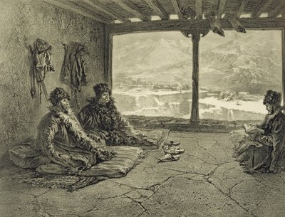 Conferencia de Sharia en Khosrakh, Daguestán, lámina 50 de un libro sobre el Cáucaso, grabado por Adolphe Mouilleron, publicado por Alfred Leon Lemercier, París, 1847 de Grigori Grigorevich Gagarin