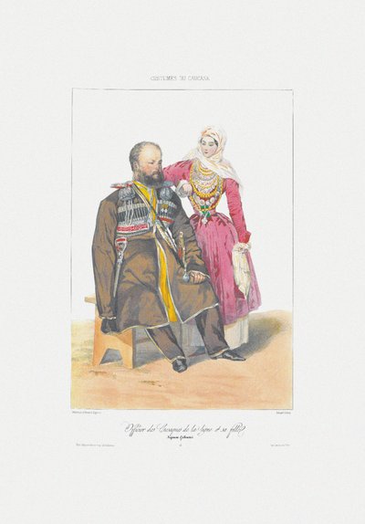 Cosaco del Terek con hija. De: Escenas, paisajes, costumbres y trajes del Cáucaso de Grigori Grigorevich Gagarin