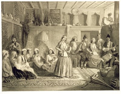 La sala de descanso cerca de los baños en Shemakha, en la estepa de Shirvanskaya, lámina 40 de un libro sobre el Cáucaso, grabado por Charles Claude Bachelier y Adolphe Bayot, publicado por Alfred Leon Lemerci de Grigori Grigorevich Gagarin
