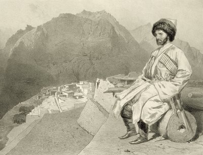 Vista de Ghimri y retrato de Hadji-Mourad, lámina 66 de un libro sobre el Cáucaso, grabado por Jules Joseph Augustin Laurens y Eugene Ciceri por Adolphe Mouilleron de Grigori Grigorevich Gagarin