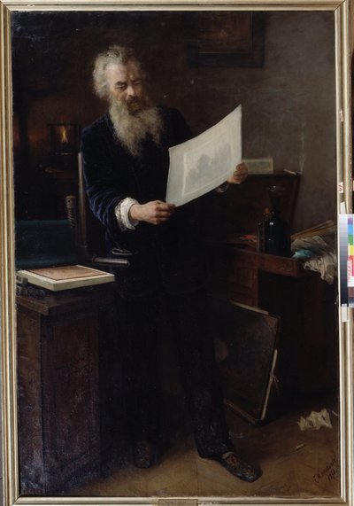 "La primera impresión. Retrato del artista Ivan Ivanovich Shishkin (1832-1898) mirando una de sus obras que acaba de terminar. Pintura de Grigory (Grigoriy, Grigory) Grigoryevich Myasoyedov ( de Grigori Grigoryevich Myasoedov