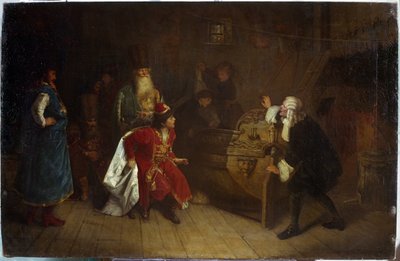 El abuelo de la flota rusa. Una escena de la infancia de Pedro I el Grande (1672-1725), en la casa de su abuelo Nikita Romanov (?), descubre una canoa inglesa, origen de su pasión por la navegación. Pintado de Grigori Grigoryevich Myasoedov