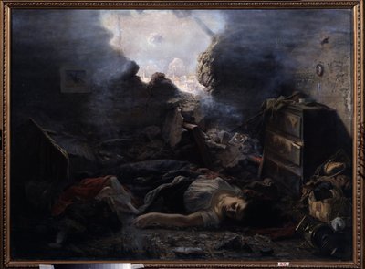 El sitio de Sebastopol (Ucrania). Descripción de las atrocidades de la Guerra de Crimea (1853-1856), durante el asedio de Sebastopol en 1854. Los cuerpos de una mujer y su bebé yacen en el suelo de su casa con la pared arrancada de Grigori Grigoryevich Myasoedov