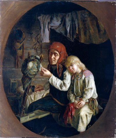 Lecon de filage - Spinning lesson - Peinture de Grigori (Grigoriy, Grigory) Grigoryevich Myasoyedov (Myasoedov, Miasoedov) (1834-1911), huile sur toile de Grigori Grigoryevich Myasoedov