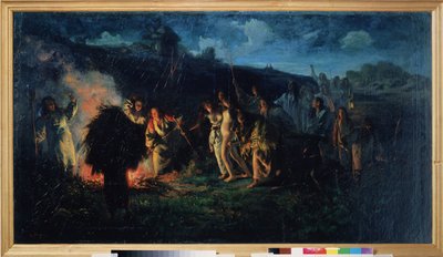 Rito de arado. Una escena de la vida campesina, una fiesta popular eslava, al anochecer, alrededor de una gran hoguera, los campesinos equipados con sus aperos de labranza y linternas, en procesión, traen a una joven desnuda, con la esperanza de que pueda de Grigori Grigoryevich Myasoedov