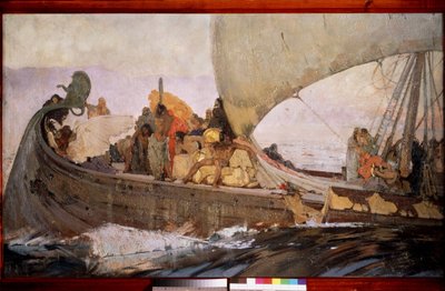 Un viaje de los minoicos. Barcos para navegar en Creta. Pintura de Ivan Grigoryevich Myasoyedov (Miasoyedov, Miasoedov) (1881-1953), óleo sobre lienzo de Grigori Grigoryevich Myasoedov
