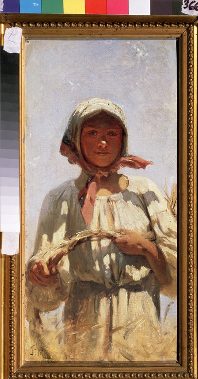 Un Reaper. Retrato de una joven campesina con traje tradicional, en un campo de trigo en pleno verano para la cosecha. Pintura de Grigory (Grigoriy, Grigory) Grigoryevich Myasoyedov (Myasoedov, Miasoedov) (1834-1911), óleo sobre lienzo. Arte ru de Grigori Grigoryevich Myasoedov
