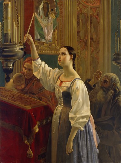 Una niña colocó una vela ante el icono, 1842 de Grigori Karpovich Mikhaylov