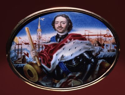 Retrato del emperador Pedro I el Grande (1672-1725), con una vista de la fortaleza de Pedro y Pablo en San Petersburgo. (Retrato del emperador Pedro I con una vista de la fortaleza de Pedro y Pablo en San Petersburgo). Obra de Grigori Semiónovich Mu de Grigori Semyonovich Musiklysky