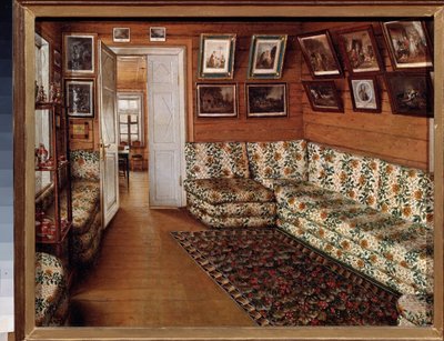 La sala de recepción de una casa solariega - Pintura de Grigori Vasilyevich Soroka (1823-1863), óleo sobre lienzo - Arte ruso del siglo XIX - Museo Estatal de Historia y Arte al Aire Libre, Pskov (Rusia) de Grigori Vasilievich Soroka