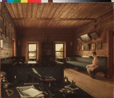 Sala de estudio de una casa solariega en Ostrovsky (Rusia) - Sala de estudio de una casa solariega en Ostrovki - Pintura de Grigori Vasilyevich Soroka (1823-1863), óleo sobre lienzo de Grigori Vasilievich Soroka