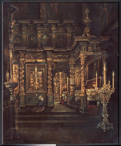 En la Catedral de la Asunción de la Santísima Virgen en Rostov (En la Catedral de la Asunción de la Santísima Virgen en Rostov) - Pintura de Grigori Vasilyevich Yurov (?-después de 1896), óleo sobre lienzo de Grigory Vasilievich Yurov