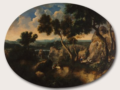Rocky Landscape with Hunters de Gu Tianzhi