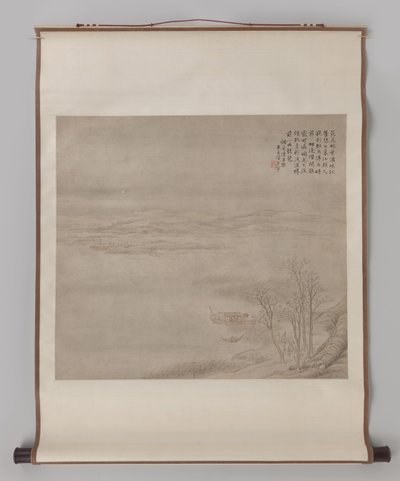 Paisaje de río iluminado por la luna con figuras Pergamino colgante, paisaje fluvial con figuras a la luz de la luna de Guan Xining