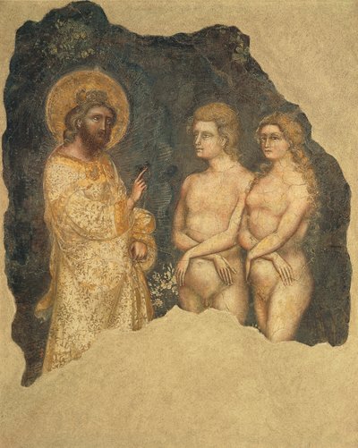 Adán y Eva ante el Eterno, fresco, Capilla Carrarese, Academia Galileana de Artes y Ciencias, anteriormente Patavina, Padua, Italia, circa 1350 de Guariento di Arpo