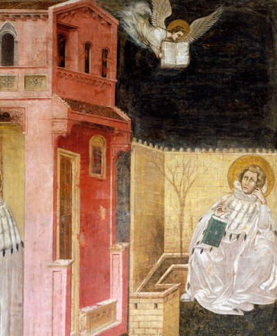 Aparición del ángel, (detalle) de la Visión de San Agustín, escena de Historias de San Felipe y San Agustín, por Guariento, fresco, Iglesia de los Eremitani, Padua, Véneto, Italia de Guariento di Arpo