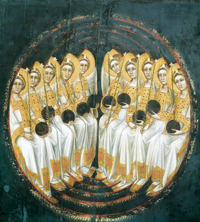Ángeles sentados con orbes en sus manos, por Guariento (activo 1338-1367 o 1370) de Guariento di Arpo