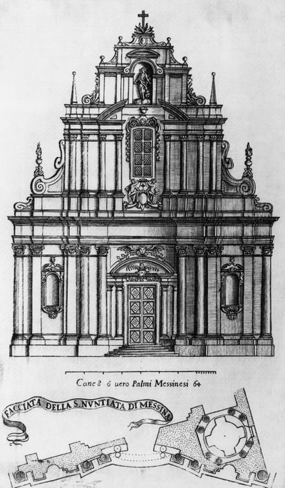 Fachada y planta de la iglesia de la Anunciación de Mesina, grabado de Guarino Guarini (1624-1683), Italia. de Guarino Guarini