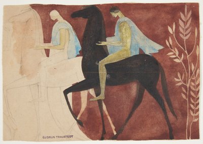 Dos jóvenes a caballo. Boceto para decoración de habitación de Gudrun Traustedt