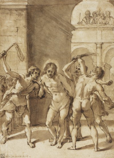 Flagelación de Cristo (pluma y tinta marrón, con pincel y aguada marrón y trazos de grafito, sobre papel verjurado crema, colocado sobre papel verjurado crema) de Guercino (1591-1666) (school of)
